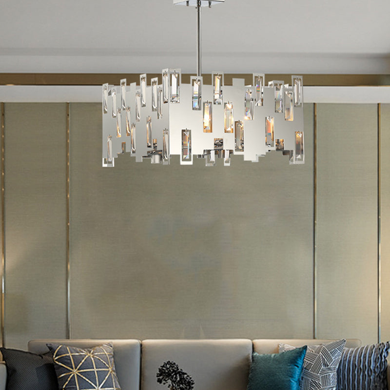 Contemporary 6-Lights Cubic Crystal Ceiling Chandelier - Chrome Finish with Adjustable Rod
