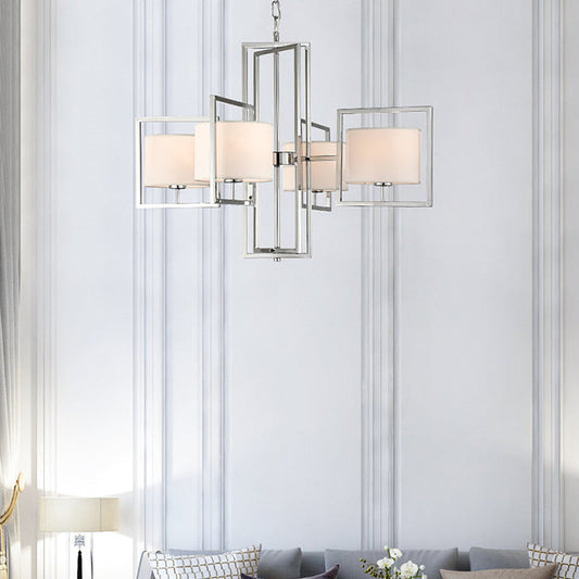 Modern Chrome 4-Light Living Room Chandelier Pendant Lamp with Barrel Fabric Shade