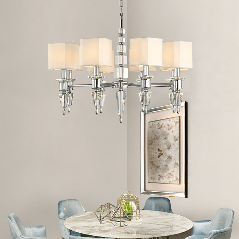 Modern Iron Cube Ceiling Pendant with 6 Lights & Fabric Shade - Chrome Hanging Chandelier Fixture