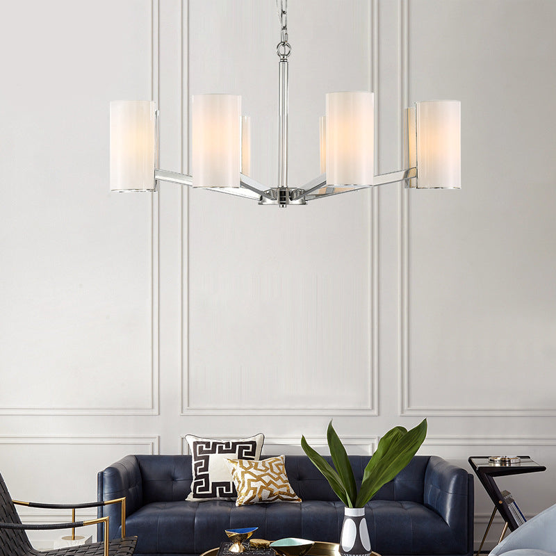 Contemporary White Glass Cylindrical Chandelier - 8-Light Silver Ceiling Pendant Lamp with Adjustable Chain