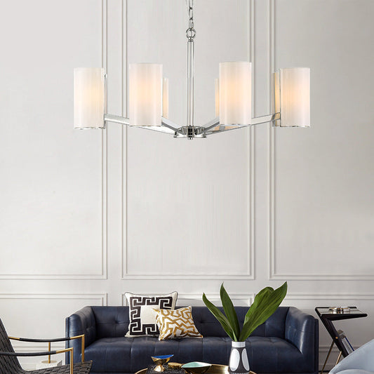Contemporary White Glass Cylindrical Chandelier - 8-Light Silver Ceiling Pendant Lamp with Adjustable Chain