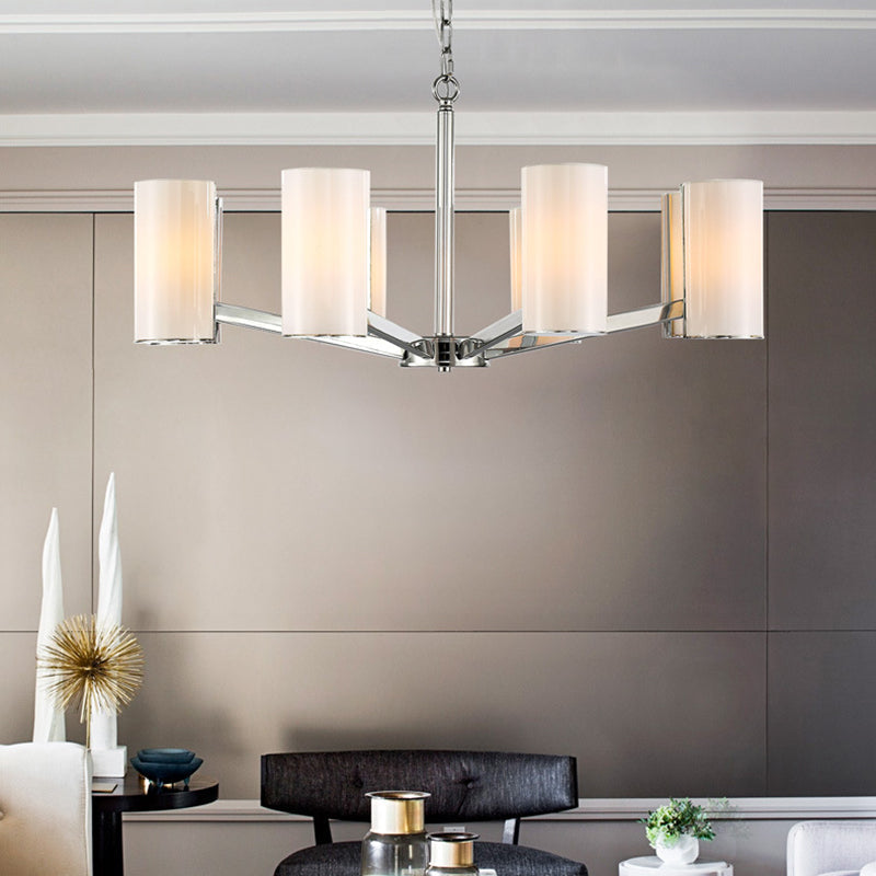 Contemporary White Glass Cylindrical Chandelier - 8-Light Silver Ceiling Pendant Lamp with Adjustable Chain