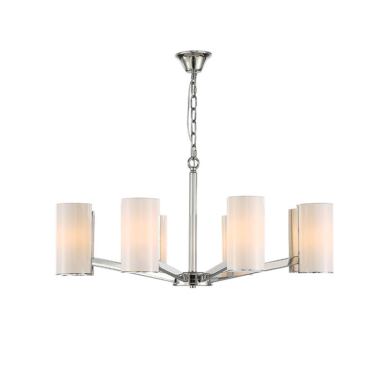 Contemporary White Glass Cylindrical Chandelier - 8-Light Silver Ceiling Pendant Lamp with Adjustable Chain