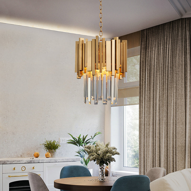 Modern Tiered Pendant Light With Crystal Blocks In Chrome/Gold - 3-Light Metal Hanging Ceiling