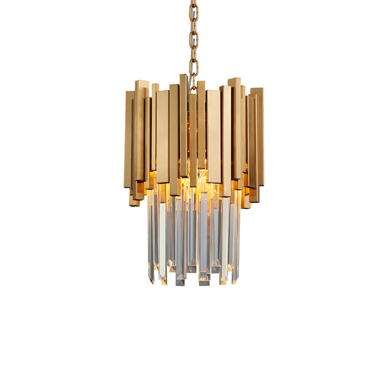 Modern Tiered Pendant Light With Crystal Blocks In Chrome/Gold - 3-Light Metal Hanging Ceiling