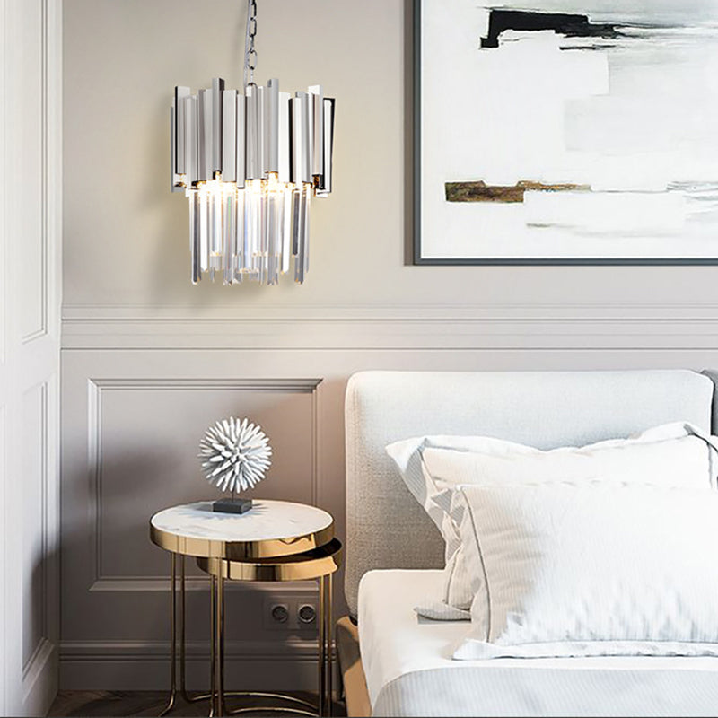Modern Tiered Pendant Light With Crystal Blocks In Chrome/Gold - 3-Light Metal Hanging Ceiling