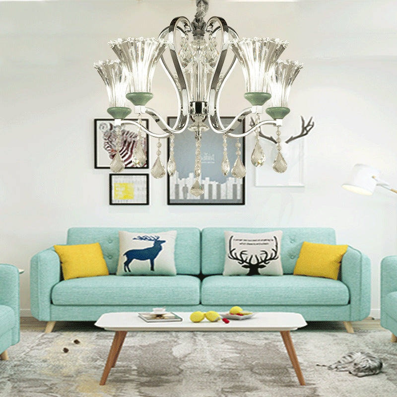 5 Bulb Modern Chandelier with Green Glass and Crystal Pendant Lighting
