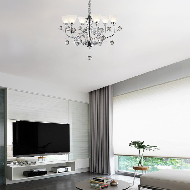 Modernist Frosted Glass 6-Light Conic Chandelier with Crystal Ball Pendant in Polished Chrome