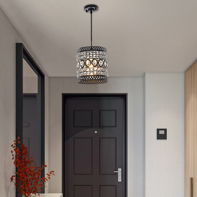 Lampe à suspension cylindrique noire de style industriel avec accent en cristal transparent pour l'éclairage du porche