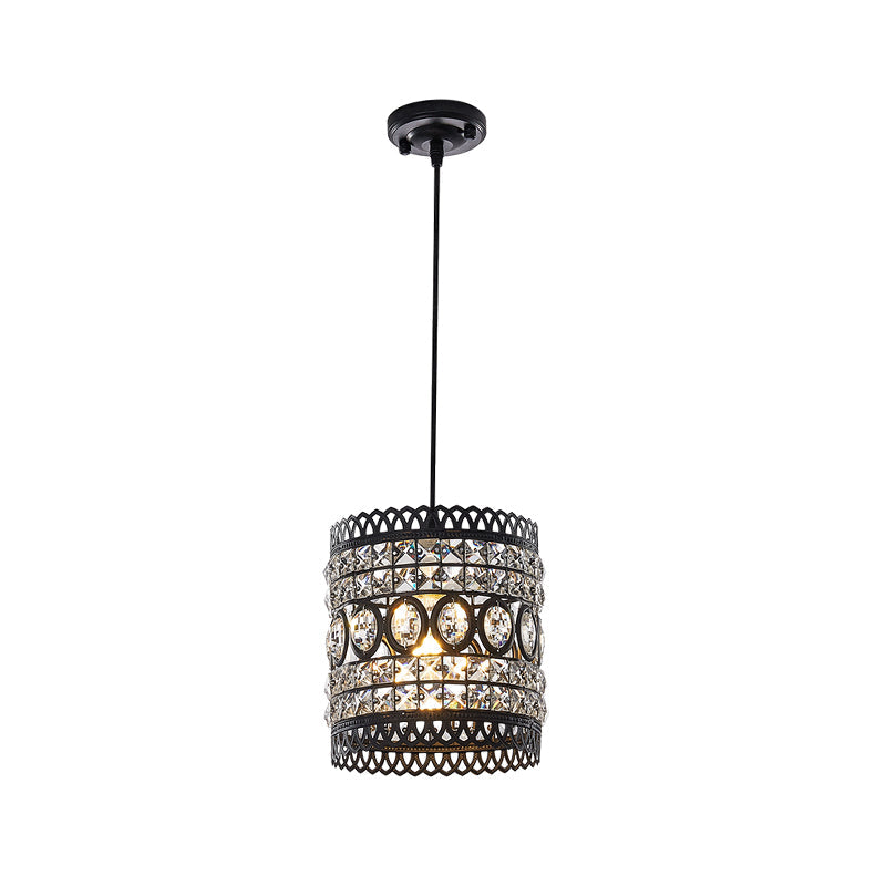 Lampe à suspension cylindrique noire de style industriel avec accent en cristal transparent pour l'éclairage du porche