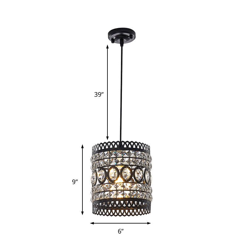 Lampe à suspension cylindrique noire de style industriel avec accent en cristal transparent pour l'éclairage du porche