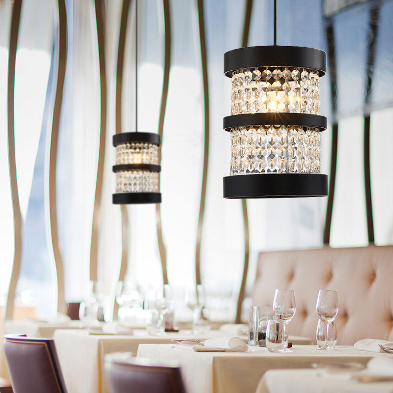 Modern Black/Gold Cylinder Pendant Light With Clear Crystal Beaded Strand - Stylish Metal 1-Bulb