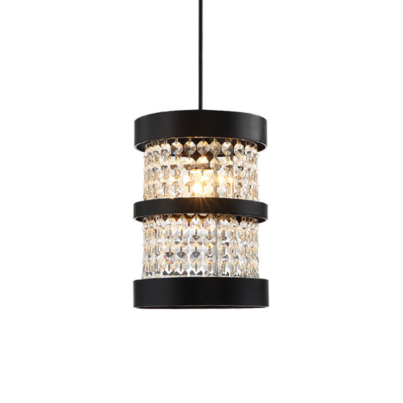 Modern Black/Gold Cylinder Pendant Light With Clear Crystal Beaded Strand - Stylish Metal 1-Bulb