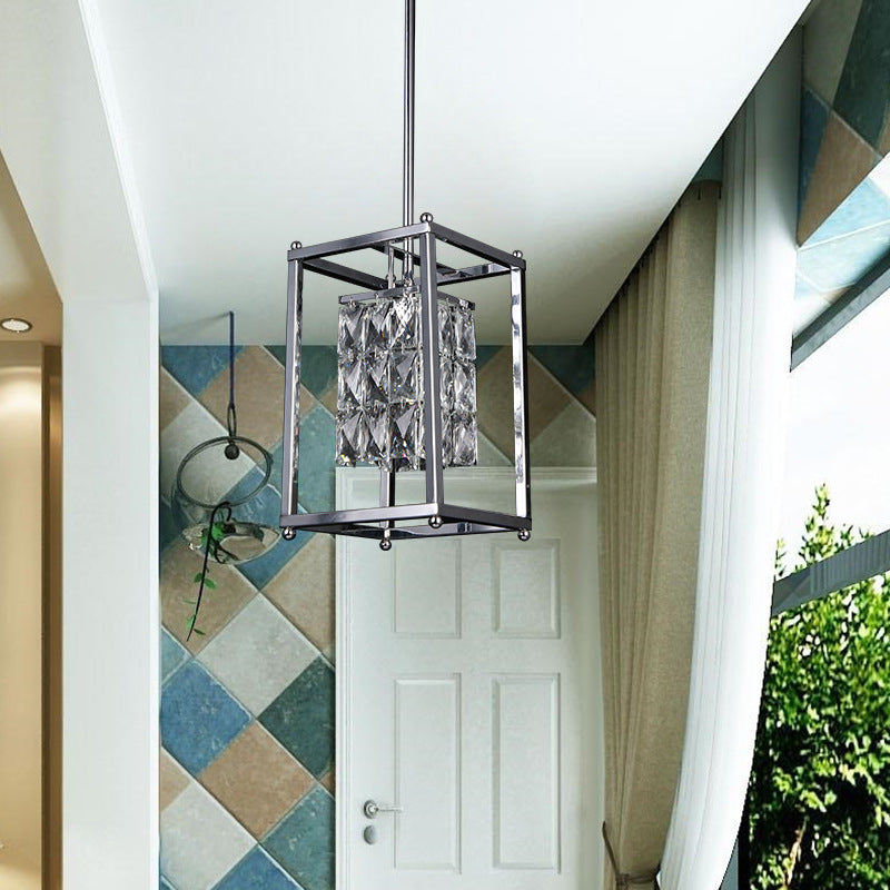 Modern Rectangle Cage Balcony Pendant Lamp with Clear Crystal Shade - Nickel Finish