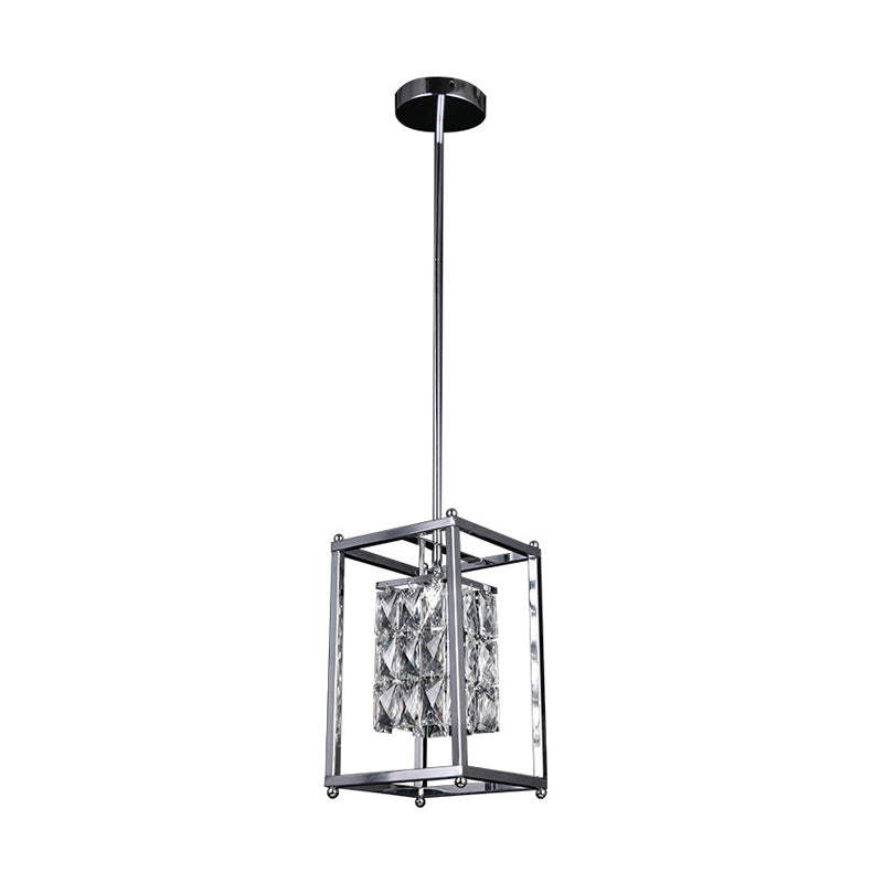Modern Nickel Rectangle Cage Balcony Pendant Lamp - Inner Clear Crystal Shade 1 Light Ceiling