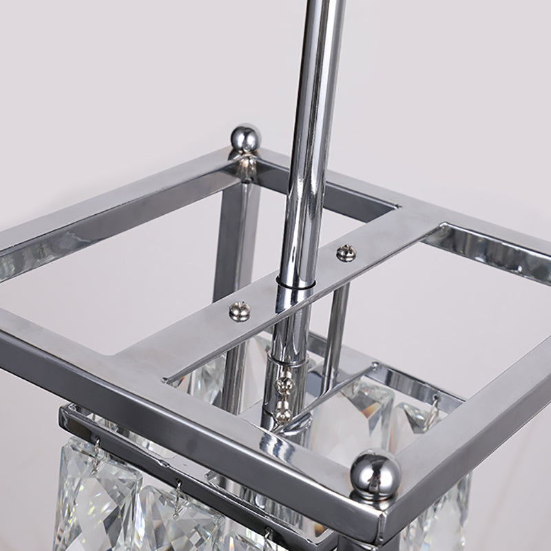Modern Rectangle Cage Balcony Pendant Lamp with Clear Crystal Shade - Nickel Finish