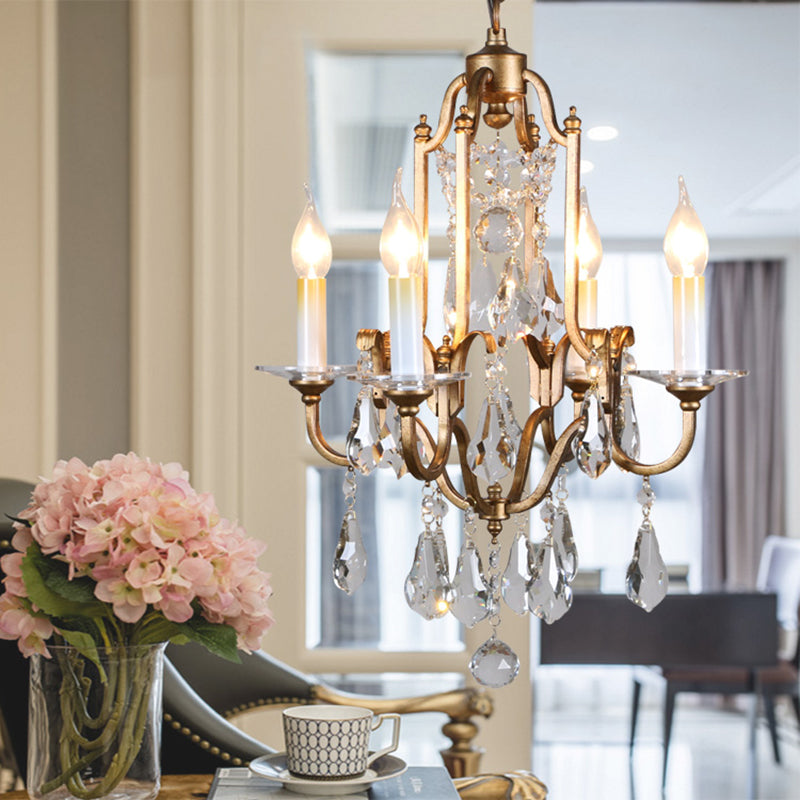 French Country Candle Chandelier with Crystal Drops - 4-Light Brass Pendant Fixture for Hallway