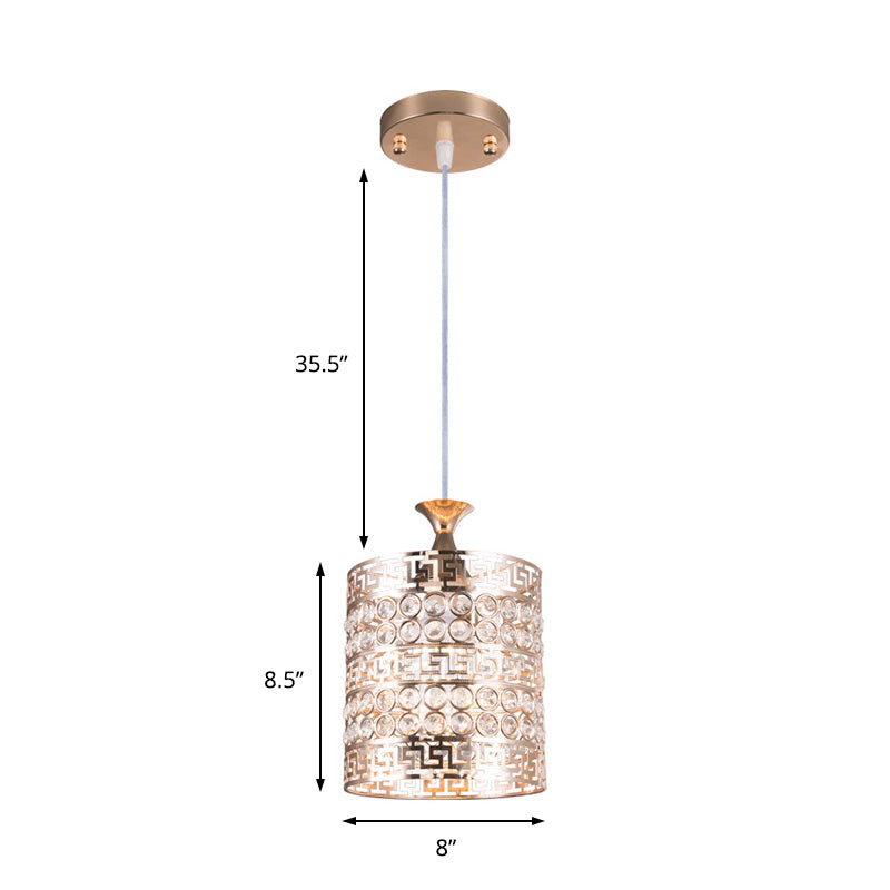 Vintage Gold Metal Cylinder Hanging Ceiling Light with Crystal Accent, 6"/7" Dia, 1 Light