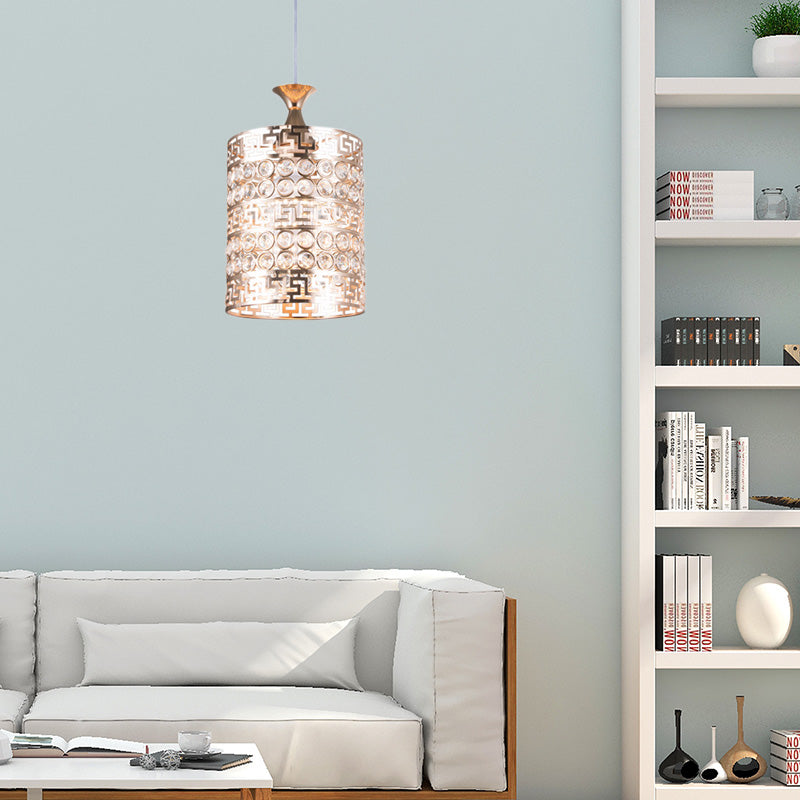 Vintage Gold Metal Cylinder Hanging Light With Crystal Accent - 6/7 Dia 1 Ceiling / 7