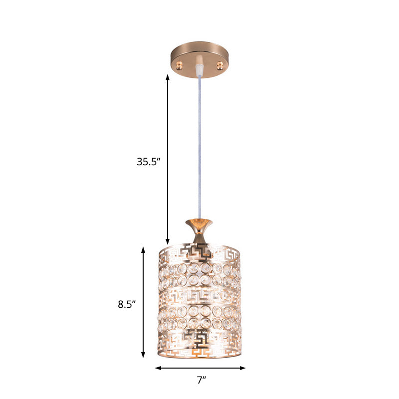 Vintage Gold Metal Cylinder Hanging Light With Crystal Accent - 6/7 Dia 1 Ceiling