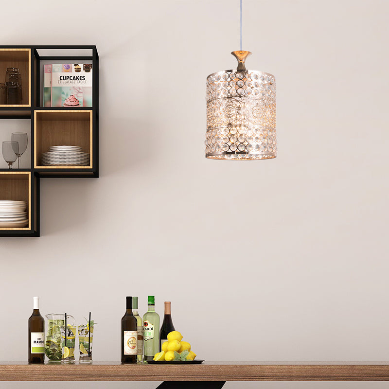 Suspension cylindrique moderniste dorée avec décoration en cristal - Lampe suspendue en métal, largeur 6"/7"