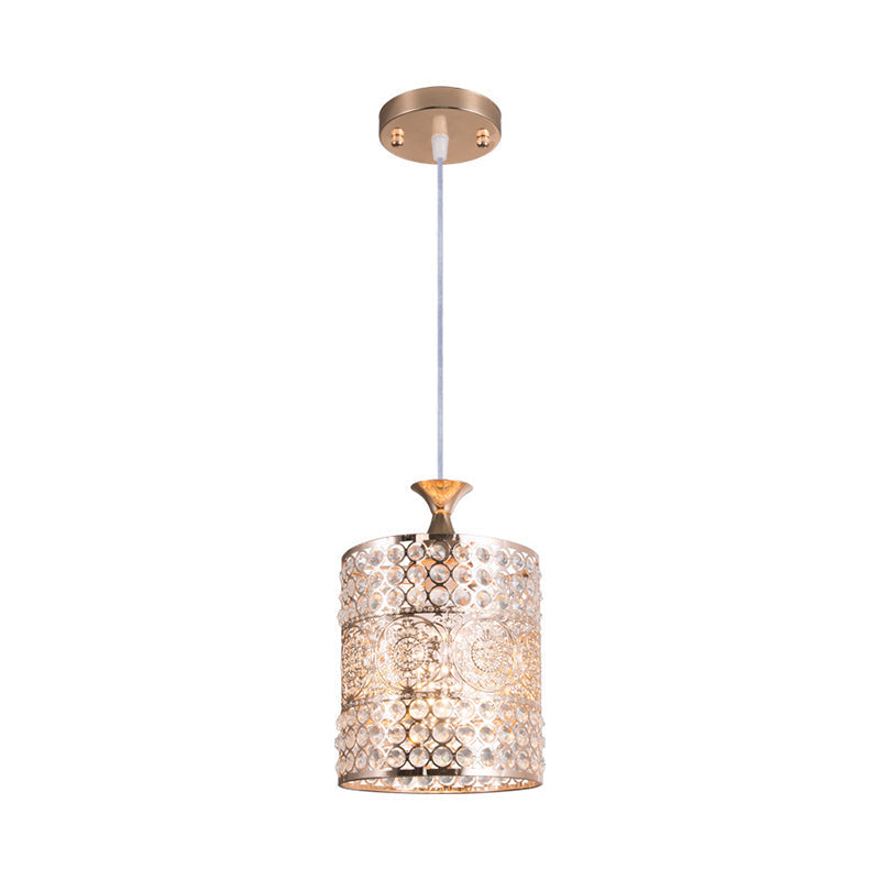 Suspension cylindrique moderniste dorée avec décoration en cristal - Lampe suspendue en métal, largeur 6"/7"