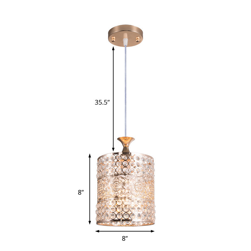 Modernist Golden Cylinder Pendant Ceiling Light With Crystal Decoration 6/7 Width