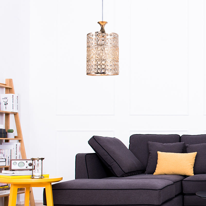 Suspension cylindrique moderniste dorée avec décoration en cristal - Lampe suspendue en métal, largeur 6"/7"
