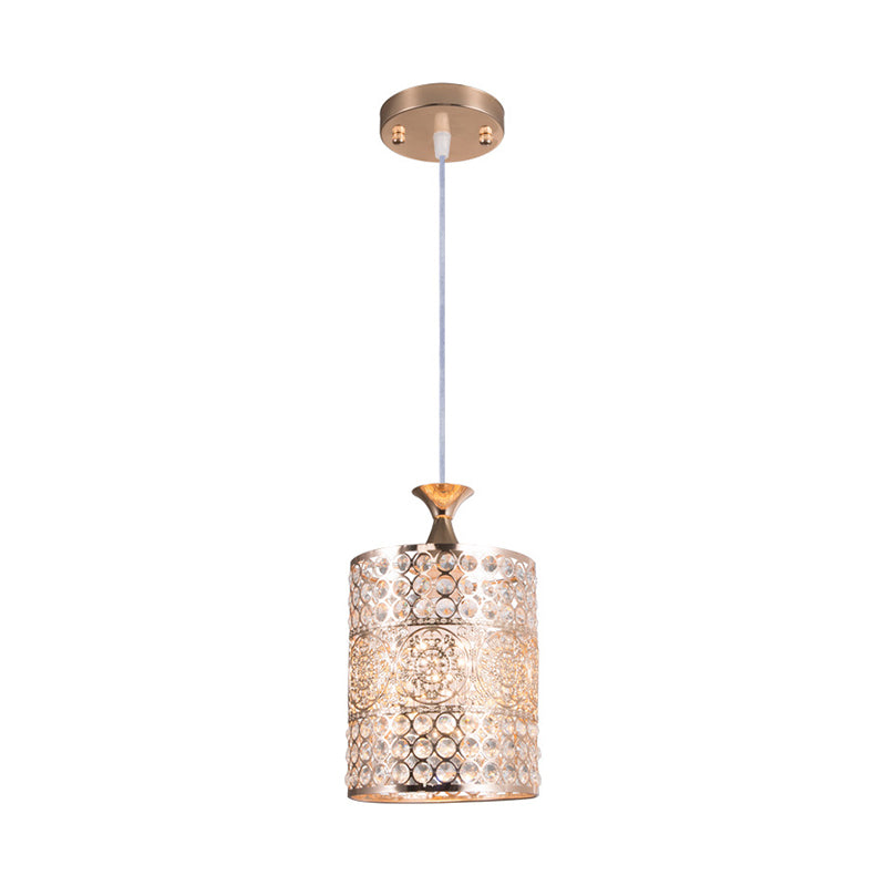 Modernist Golden Cylinder Pendant Ceiling Light With Crystal Decoration 6/7 Width