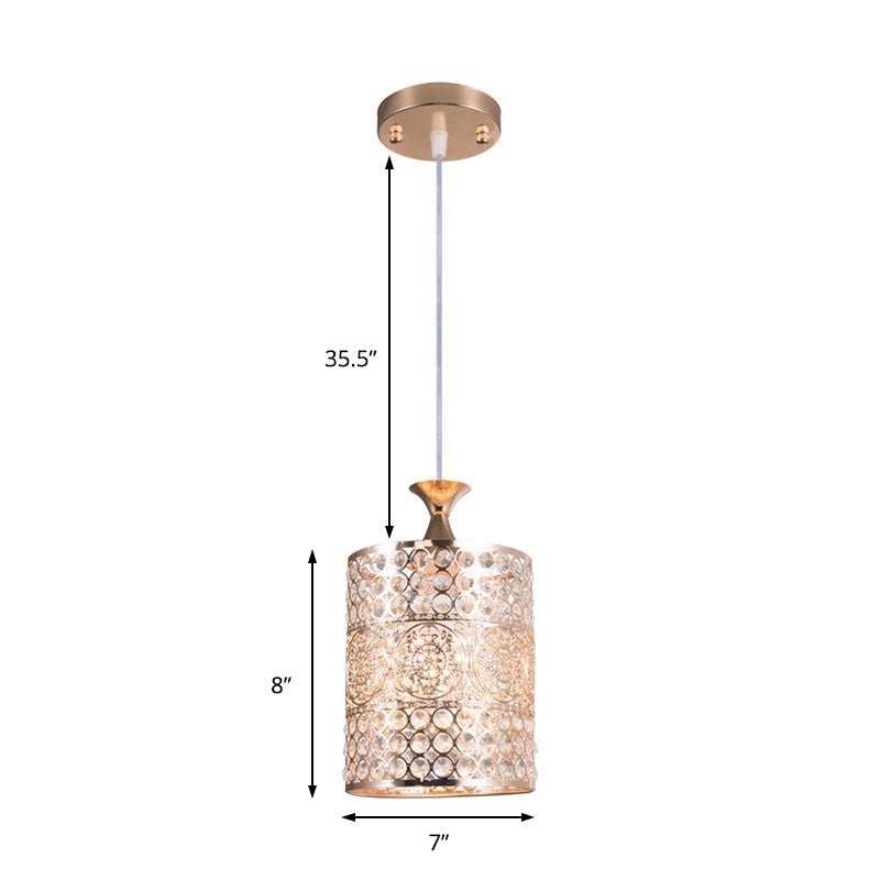 Modernist Golden Cylinder Pendant Ceiling Light With Crystal Decoration 6/7 Width