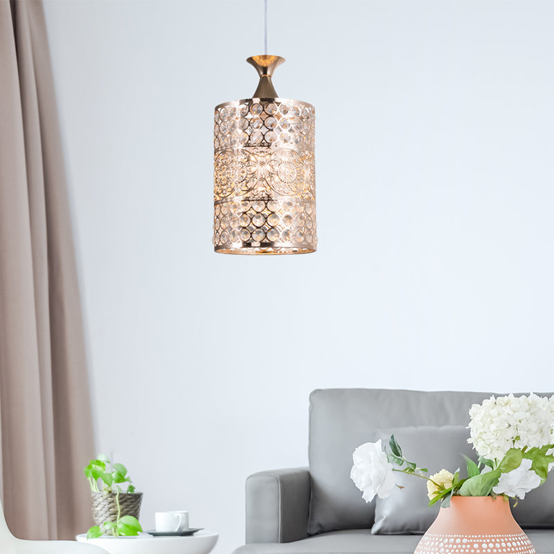 Suspension cylindrique moderniste dorée avec décoration en cristal - Lampe suspendue en métal, largeur 6"/7"