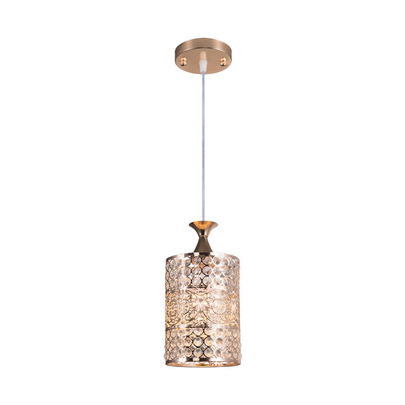 Suspension cylindrique moderniste dorée avec décoration en cristal - Lampe suspendue en métal, largeur 6"/7"