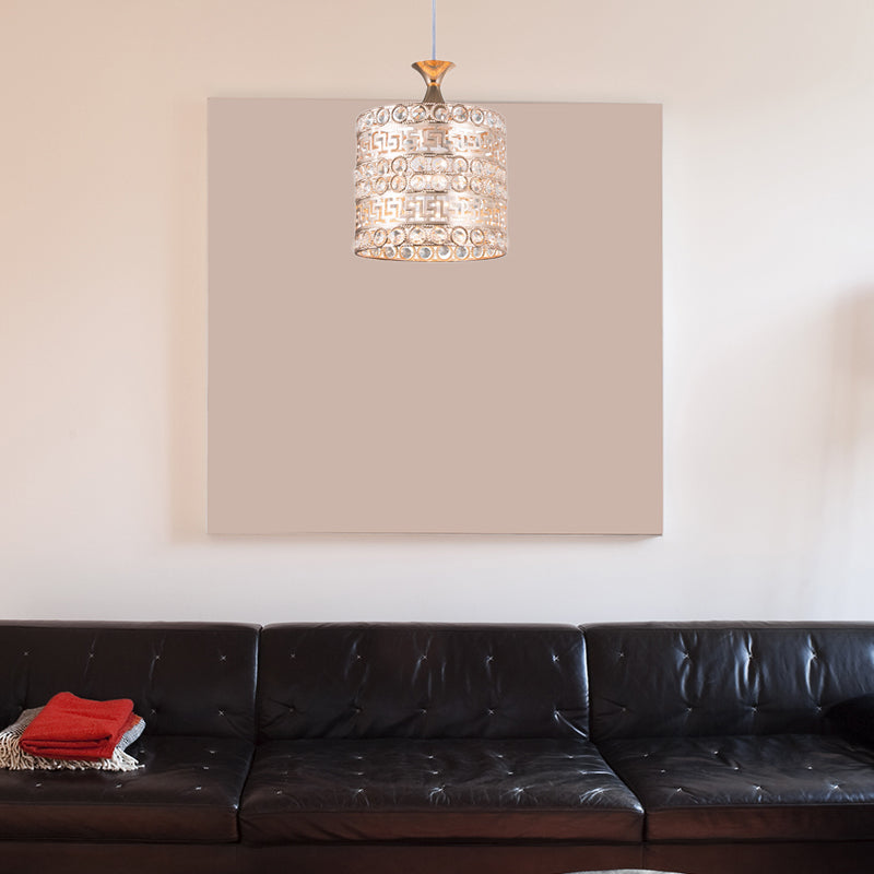 Lampe à suspension cylindrique contemporaine en cristal et métal doré - Luminaire suspendu à 1 ampoule, largeur 6"/7"/8"