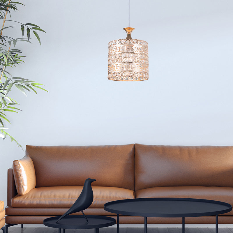 Lampe à suspension cylindrique contemporaine en cristal et métal doré - Luminaire suspendu à 1 ampoule, largeur 6"/7"/8"