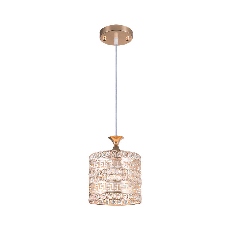 Lampe à suspension cylindrique contemporaine en cristal et métal doré - Luminaire suspendu à 1 ampoule, largeur 6"/7"/8"