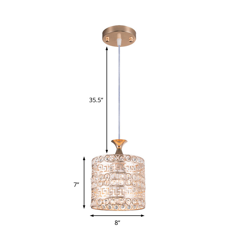 Lampe à suspension cylindrique contemporaine en cristal et métal doré - Luminaire suspendu à 1 ampoule, largeur 6"/7"/8"