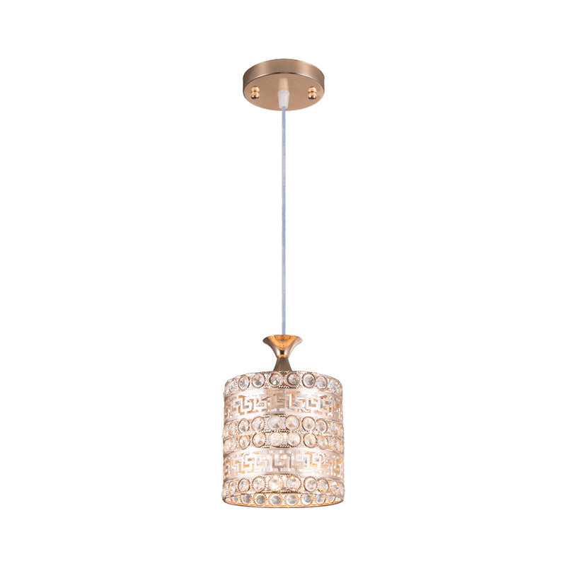 Lampe à suspension cylindrique contemporaine en cristal et métal doré - Luminaire suspendu à 1 ampoule, largeur 6"/7"/8"