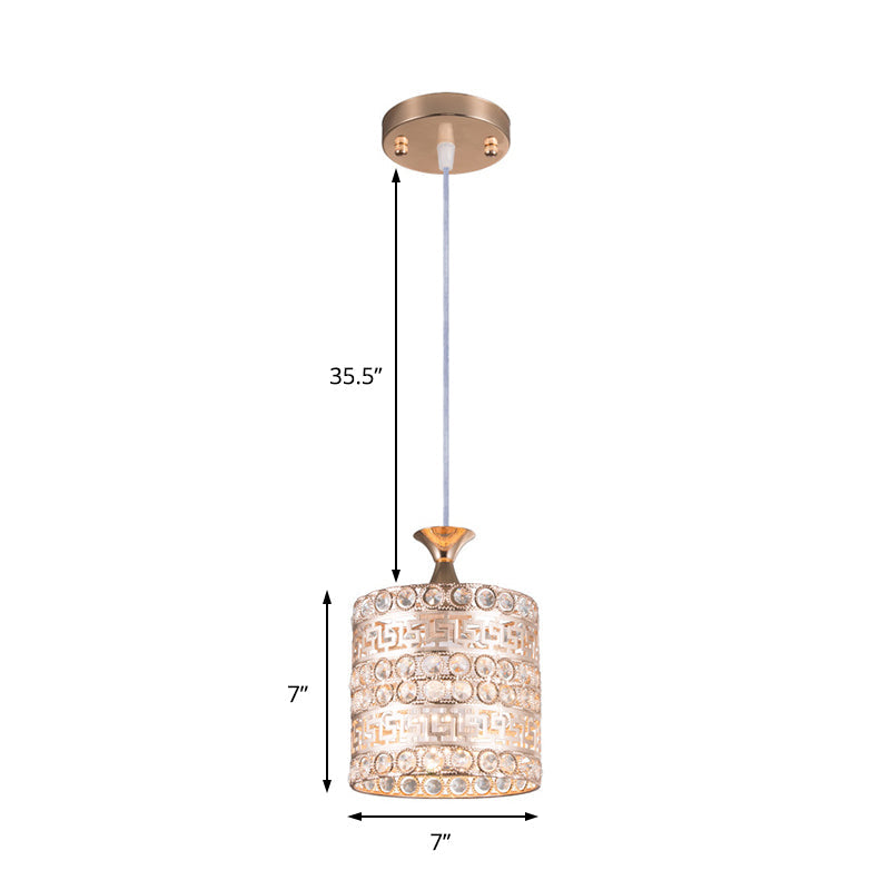 Lampe à suspension cylindrique contemporaine en cristal et métal doré - Luminaire suspendu à 1 ampoule, largeur 6"/7"/8"