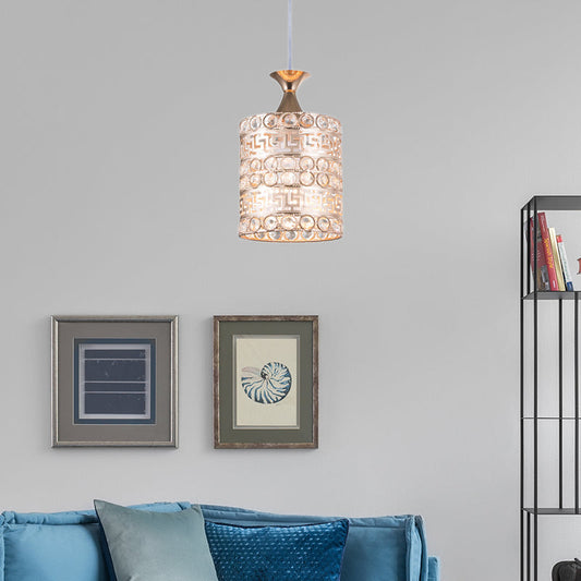 Contemporary Crystal and Metal Cylinder Pendant Lamp in Gold - 1-Light Hanging Fixture, 6"/7"/8" Width