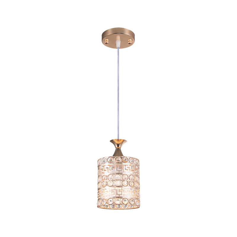 Contemporary Gold Hanging Pendant Lamp - 1 Light Cylinder Fixture With Crystal And Metal Details