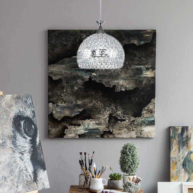 Clear Crystal & Metal Dome Pendant Lamp - Chrome Finish 8/10/12 Wide Modernist Style / 12