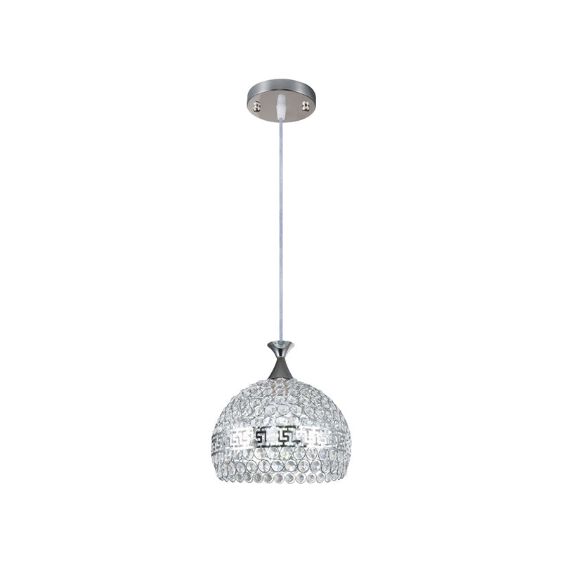 Clear Crystal & Metal Dome Pendant Lamp - Chrome Finish 8/10/12 Wide Modernist Style