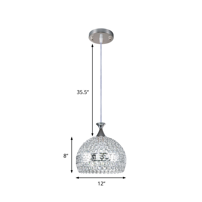 Modernist Chrome Dome Pendant Lamp - Clear Crystal and Metal - 8"/10"/12" Wide - Hanging Ceiling Light