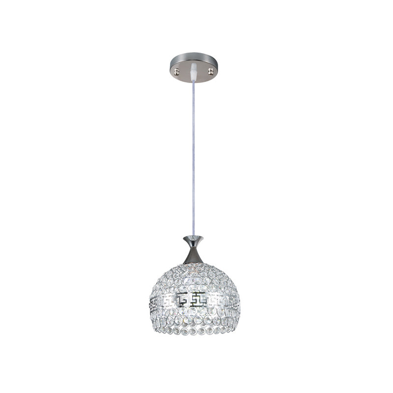 Clear Crystal & Metal Dome Pendant Lamp - Chrome Finish 8/10/12 Wide Modernist Style