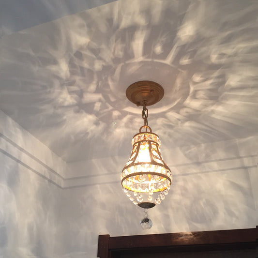 Vintage Style Teardrop Ceiling Pendant Lamp with Crystal Suspension for Corridor - Brass Finish