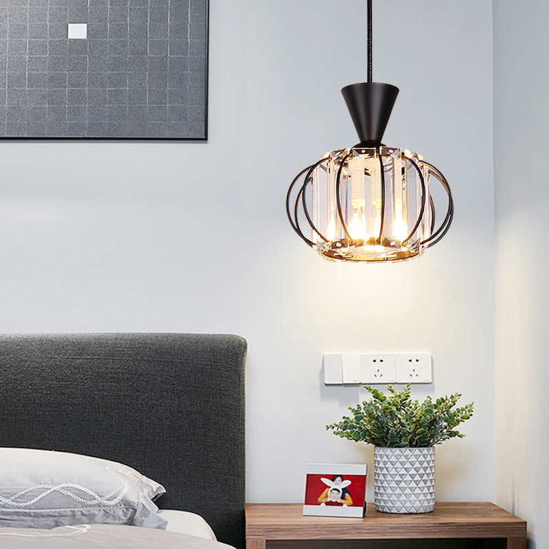 Crystal Prism Pendant Light with Modern Lantern Shade in Black/Gold for Bedroom