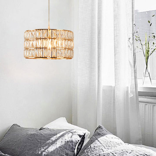 Golden Drum Crystal Hanging Lamp - Modern 1-Light Fixture for Dining Table