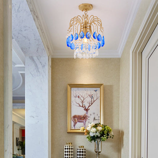 Modern Crystal Beaded Pendant Light with Gold Strand - Ideal Balcony Hanging Lighting