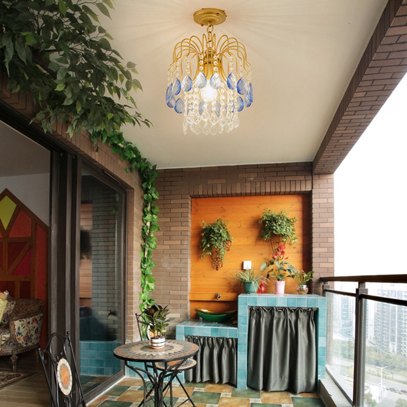 Modern Crystal Beaded Pendant Light with Gold Strand - Ideal Balcony Hanging Lighting