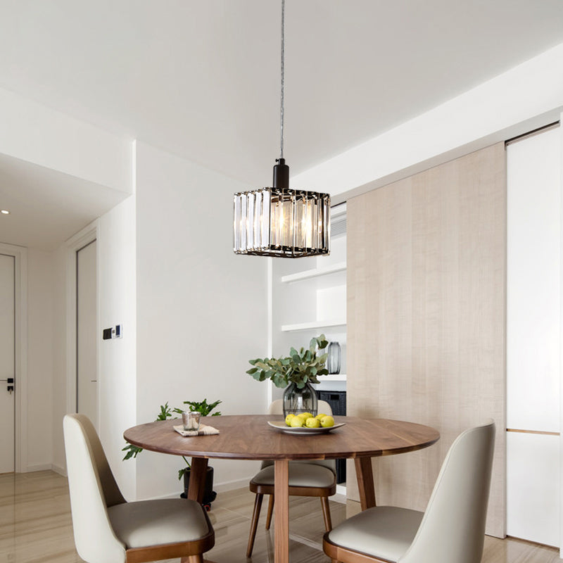 Contemporary Cubic Dining Room Pendant Lamp - 1 Light Black Ceiling Light with Clear Crystal Block